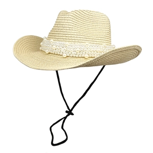 Straw Cowboy Hat With Artificial Pearl Beads Breathable Sunshade Outdoor Beach Travel Western Jazz Style For Women Wind Rope