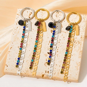 Colorful rhinestone keychain with gold or silver chain and faceted black gemstone