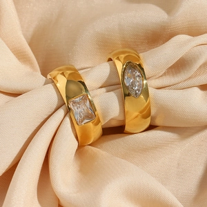18K gold plated stainless steel wide rings with rectangular and marquise cut zircon stones