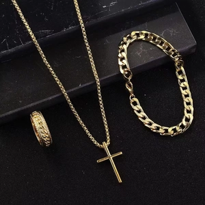 Gold hip-hop jewelry set featuring cross pendant necklace, curb bracelet and textured ring