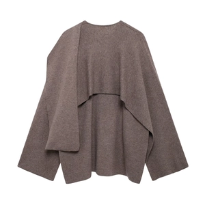 Women's autumn fashion brown knit short cape coat with asymmetric cloak-style tailoring