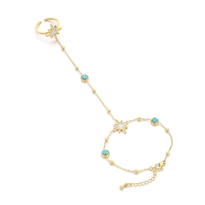18k gold plated hand chain with turquoise beads and north star ring bracelet set