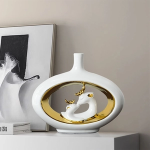 Modern white ceramic elk vase with golden accents for luxury home living room decor