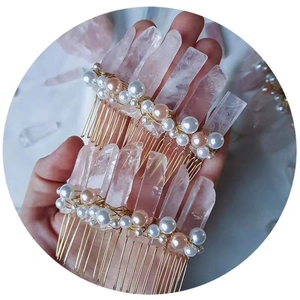 Handmade hair comb with rose quartz crystals and pearls on gold wire crown headpiece