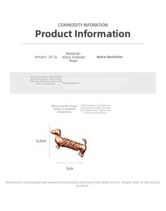 Detailed view of dachshund dog brooch with colorful rope weave and 6.2cm size specs