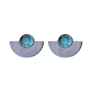 Vintage silver fan-shaped stud earrings with turquoise stones on white background