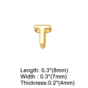Detail view of gold letter T pendant showing dimensions 8mm length and 7mm width