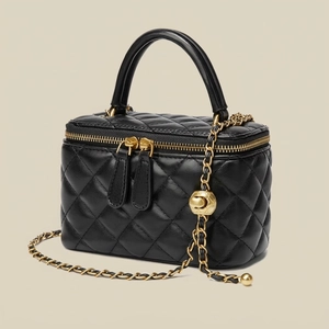 Mini Vanity Case Bag Quilted Faux Leather Adjustable Golden Ball Chain Strap Top Handle Box Purse Crossbody For Women