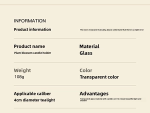 Detailed specifications of plum blossom glass candle holder with 108g weight info