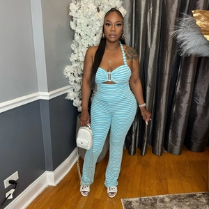 Sexy blue and white striped two-piece set featuring halter neck crop top and high waist pants
