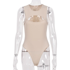 Apricot sleeveless knit bodysuit with front cutout and ribbed texture on mannequin