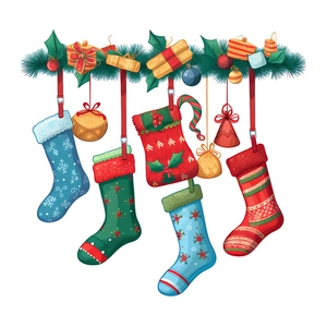 Christmas stocking wall stickers with colorful knit patterns and holiday pine branches