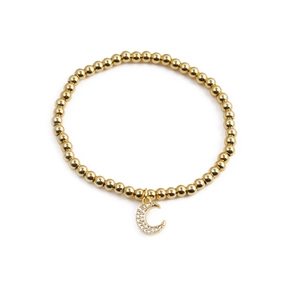 Gold plated bead bracelet featuring a crescent moon pendant with micro-pave zircons