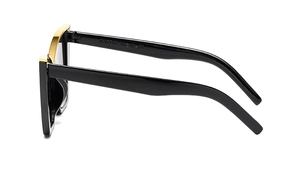 Side view of cat-eye sunglasses temple showing the JS11112 model number and 59mm lens size