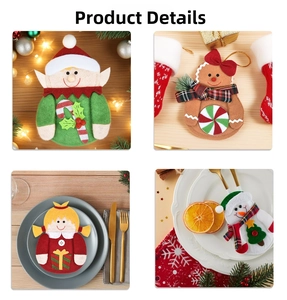 Close-up of four Christmas themed cutlery holders featuring elf and snowman character designs