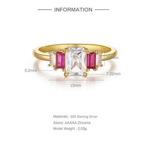 Detail of S925 sterling silver ring featuring multi-color zirconia and dimension markings