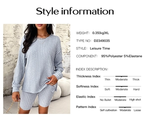 Size guide for women's casual light blue ribbed long sleeve top and shorts two-piece set