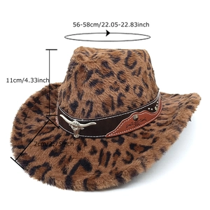 Western leopard print cowboy hat with vintage rivets and metal bull head ornament
