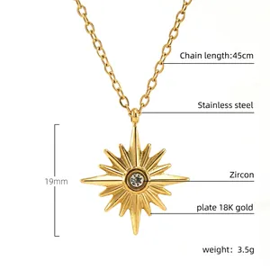 18K gold plated stainless steel sunburst necklace with a central sparkling zircon stone