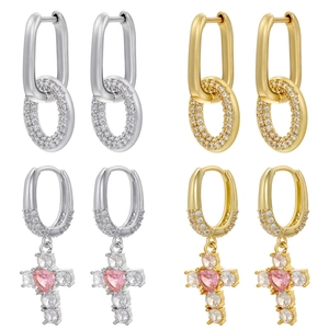 Luxury Brass Zirconia Hoop Earrings For Women Gold Silver Heart Pink Stone Cross Pave Crystal Geometric Dangle Jewelry