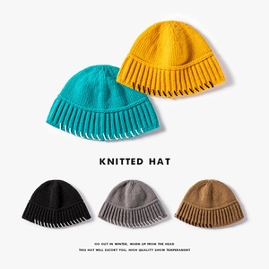 Knit Beanie Hat For Women Polyester Warm Solid Color With Contrast Stitching Ribbed Edge Winter Skull Cap