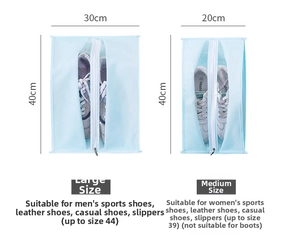Size guide for blue mesh shoe storage bags in medium and large with dimensions