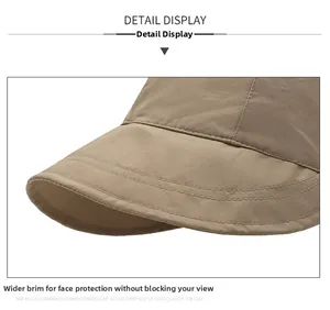 Detail of wide-brim khaki sun hat with reinforced stitching and breathable fabric