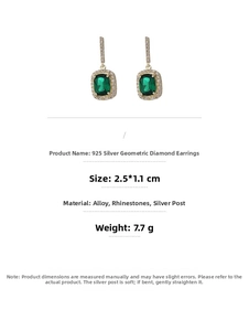Detailed view of geometric emerald green earrings with size specifications and silver needles