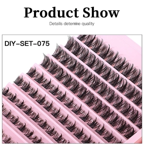 Macro de 10 rangées de bouquets de faux cils noirs individuels en plateau rose DIY-SET-075