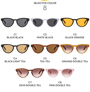 Detailed grid view showcasing eight color variants of cat-eye sunglasses from C1 to C8