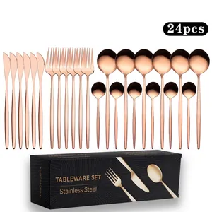 Detailed 24-piece rose gold stainless steel cutlery set with elegant black gift box