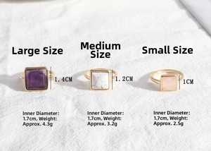 Size comparison of gold alloy rings with purple, white, and pink square natural stones
