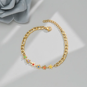 Gold chain bracelet featuring six colorful enamel flowers with adjustable lobster clasp