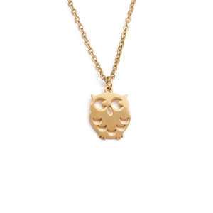 Polished golden stainless steel owl pendant necklace with hollow design for men