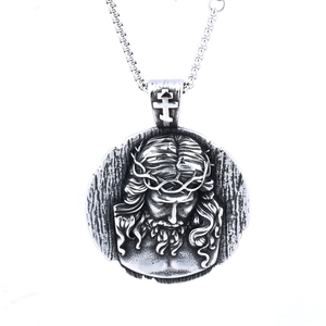 Vintage silver stainless steel round Jesus portrait pendant necklace with relief details