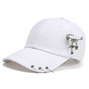 White punk baseball cap with silver metal rings and various personalized charms