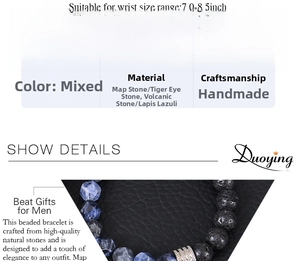 Detail view of 10mm natural stone beads bracelet with size specs and 18-22cm circumference