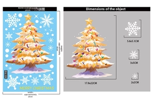 Detail view of colorful Christmas tree window stickers with dimensions and Merry Christmas text