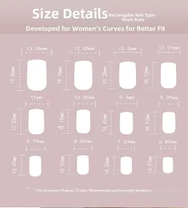 Tableau des tailles détaillé pour faux ongles carrés courts avec 12 dimensions précises