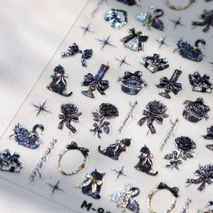 3D embossed dark blue glitter nail stickers with butterfly, cat and rose patterns