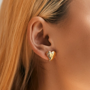 18K gold plated brass heart earrings with colorful zircon inlay and polished finish