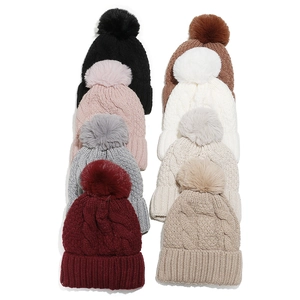 Winter chunky cable knit pom-pom hats in eight assorted colors for outdoor warmth