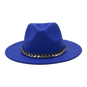 Classic royal blue wool fedora hat with elegant silver chain link band decoration