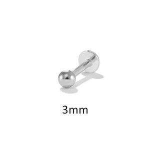Detailed macro view of 3mm silver ball earring with flat screw back stud design