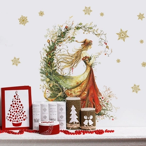 Detail of Christmas fairy wall sticker with red dress, pine wreath and golden snowflakes