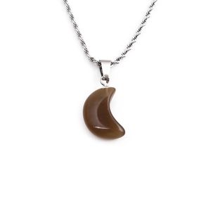 Silver twist chain necklace featuring a geometric crescent brown stone tiger eye pendant