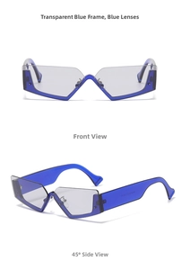 Front and side view of geometric transparent blue sunglasses with wide temples