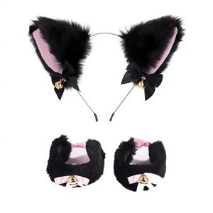 Plush cat ear headband and wristband set with pink bows and bells for costume parties