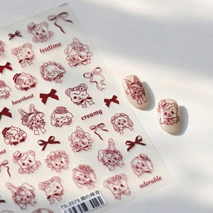 Vintage Nail Art Stickers Hand Painted Cute Cartoon Animal Bear Rabbit Bow Decals For DIY Manicure Red Wine