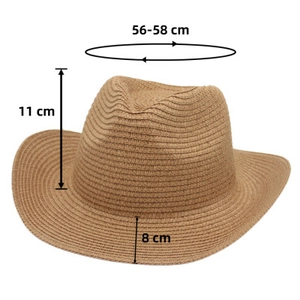Western straw hat size guide with 56-58cm head circumference and 8cm wide brim